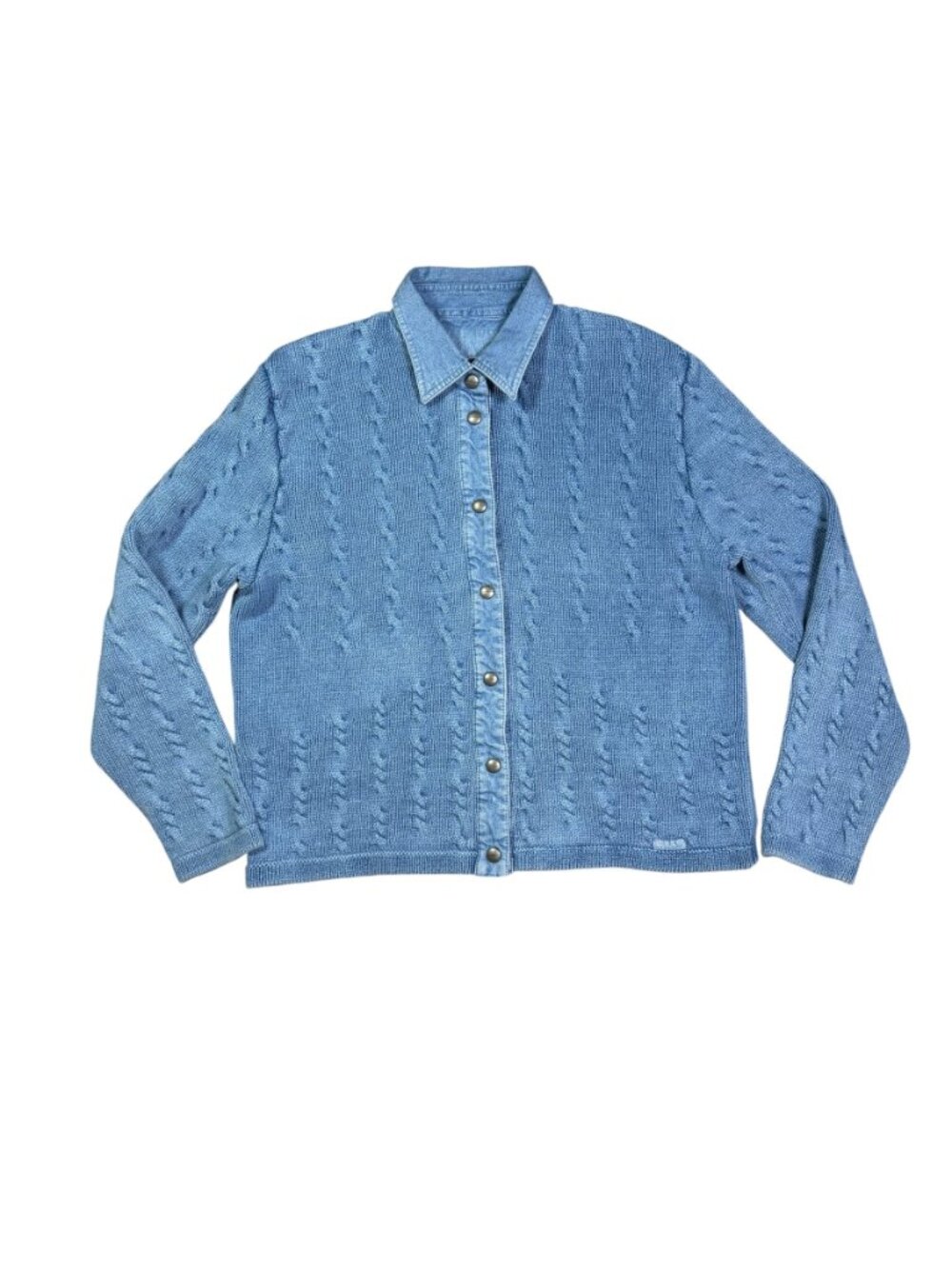 Blue Willi's Cable Knit Cotton Sweater Jacket Denim Snap Women's L Est